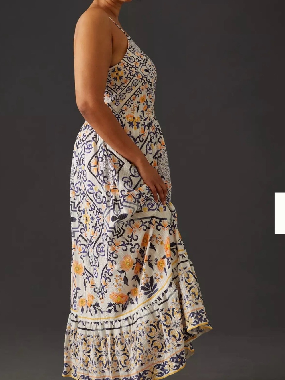 Anthropologie Ivory Maxi Dress with Navy Tile & Yellow Floral Print - Picture 3 of 7